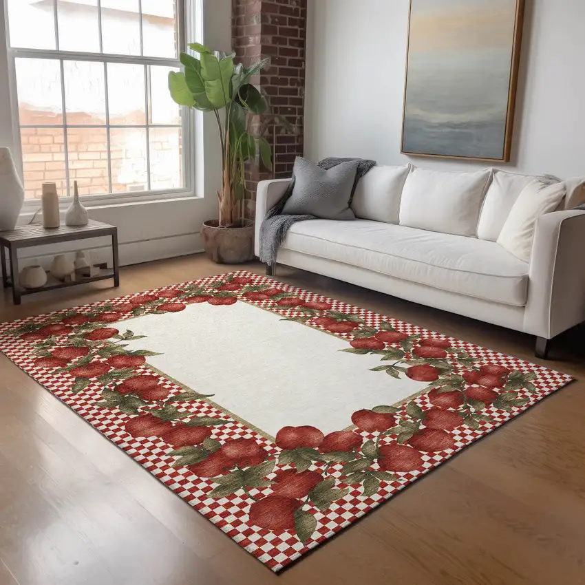 Red And Ivory Geometric Washable Area Rug With UV Protection Photo 5