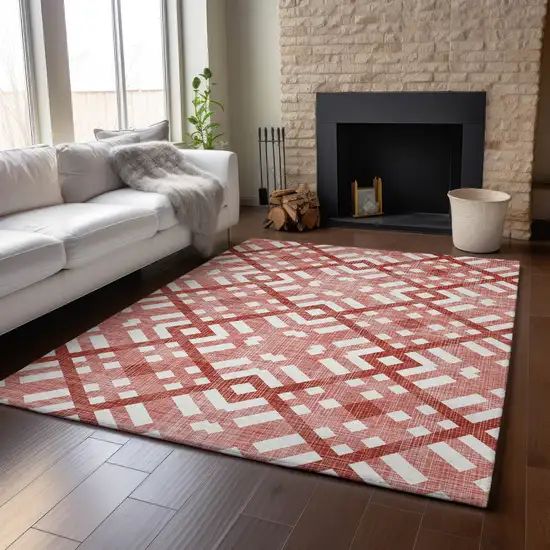 Red And Ivory Geometric Washable Area Rug With UV Protection Photo 3