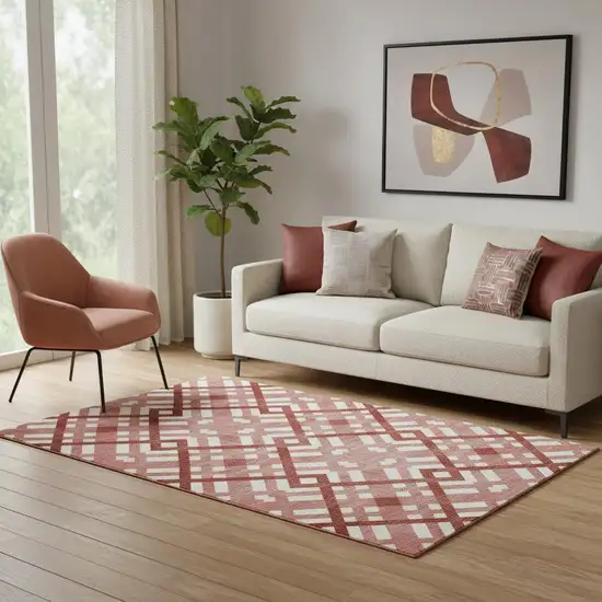 Red And Ivory Geometric Washable Area Rug With UV Protection Photo 1