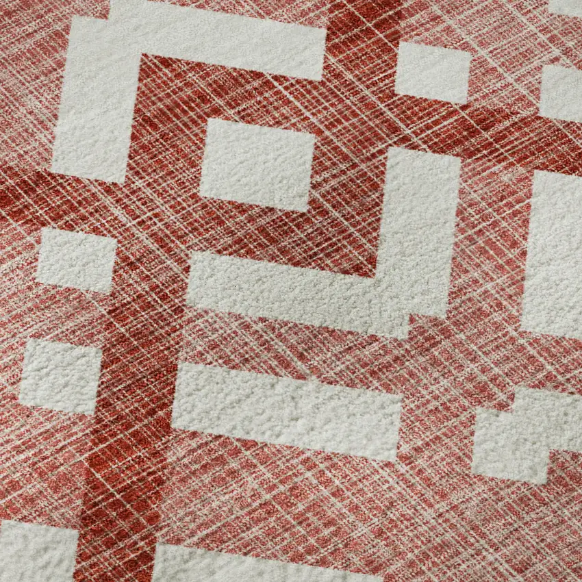 Red And Ivory Geometric Washable Area Rug With UV Protection Photo 7