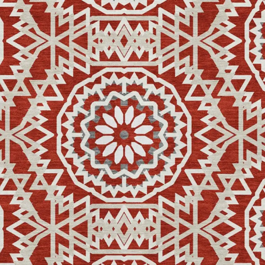 Red And Ivory Geometric Washable Area Rug With UV Protection Photo 3