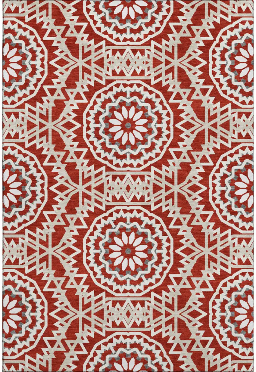 Red And Ivory Geometric Washable Area Rug With UV Protection Photo 1