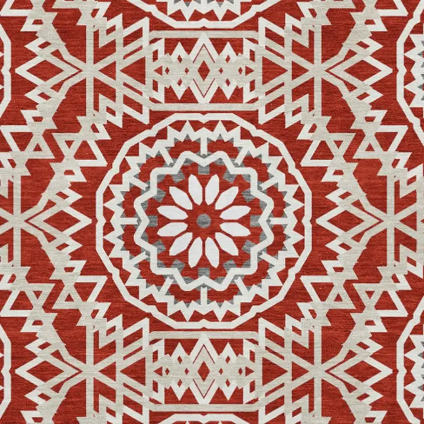 Red And Ivory Geometric Washable Area Rug With UV Protection Photo 8