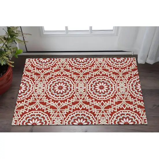 Red And Ivory Geometric Washable Area Rug With UV Protection Photo 2