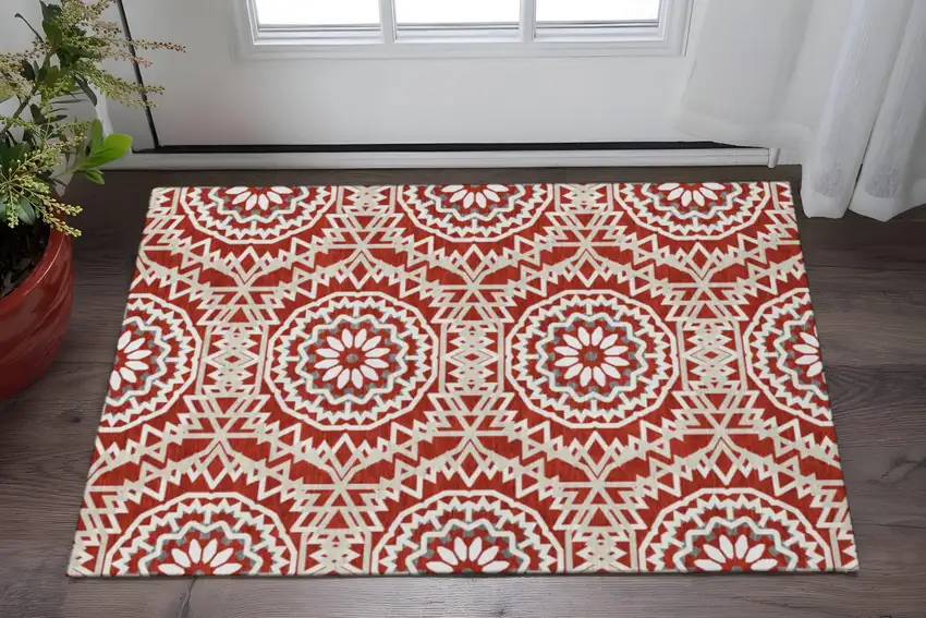 Red And Ivory Geometric Washable Area Rug With UV Protection Photo 2