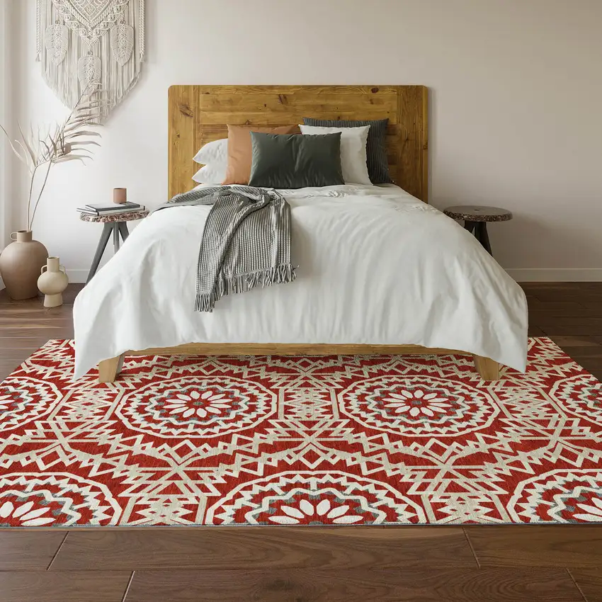 Red And Ivory Geometric Washable Area Rug With UV Protection Photo 6
