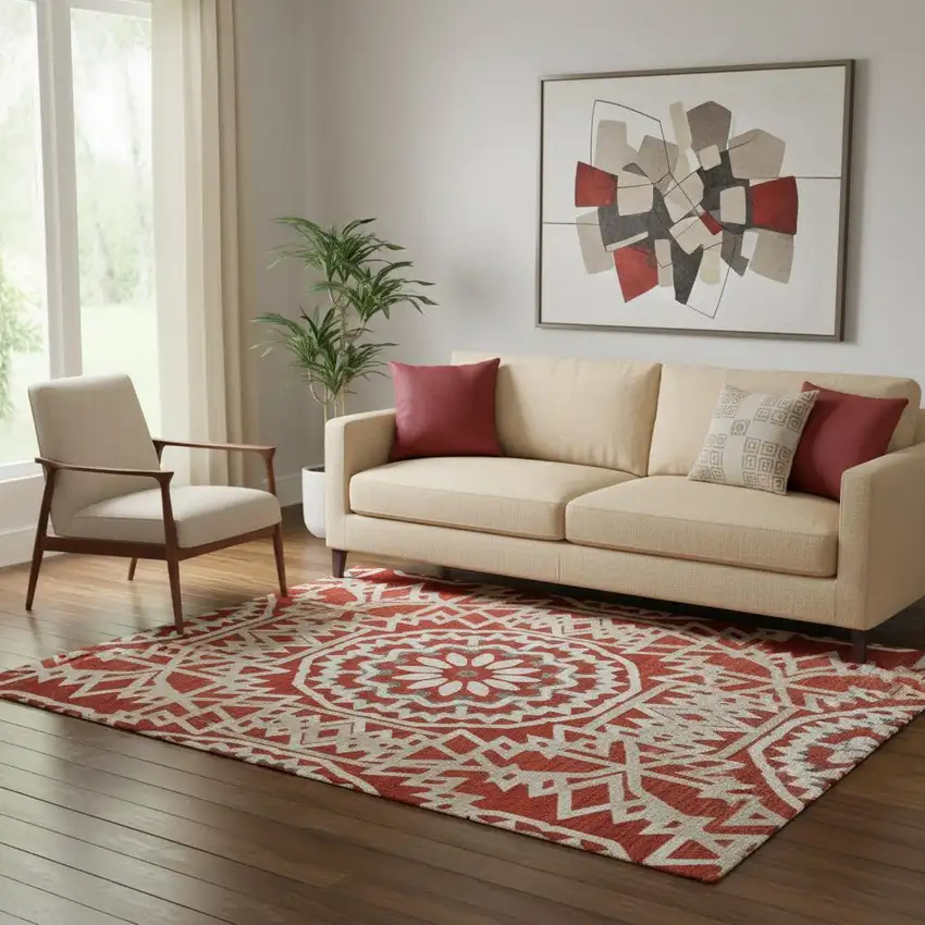 Red And Ivory Geometric Washable Area Rug With UV Protection Photo 1