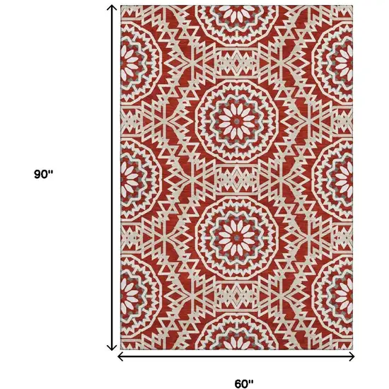 Red And Ivory Geometric Washable Area Rug With UV Protection Photo 7