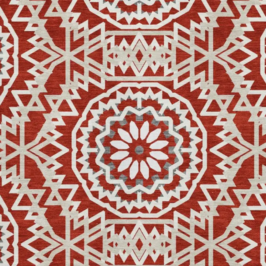 Red And Ivory Geometric Washable Area Rug With UV Protection Photo 3