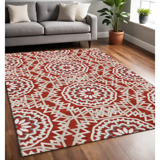 Red And Ivory Geometric Washable Area Rug With UV Protection Photo 2
