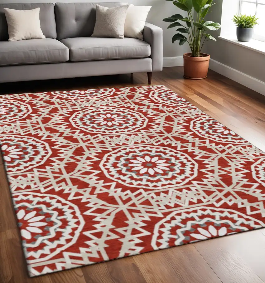 Red And Ivory Geometric Washable Area Rug With UV Protection Photo 2