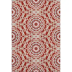 Photo of Red And Ivory Geometric Washable Area Rug With UV Protection