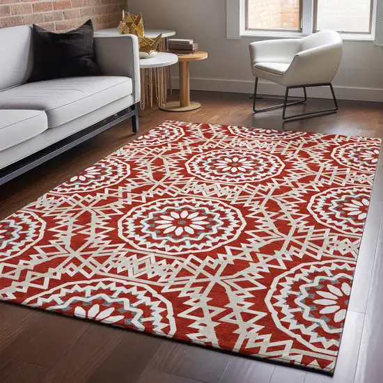 Red And Ivory Geometric Washable Area Rug With UV Protection Photo 5