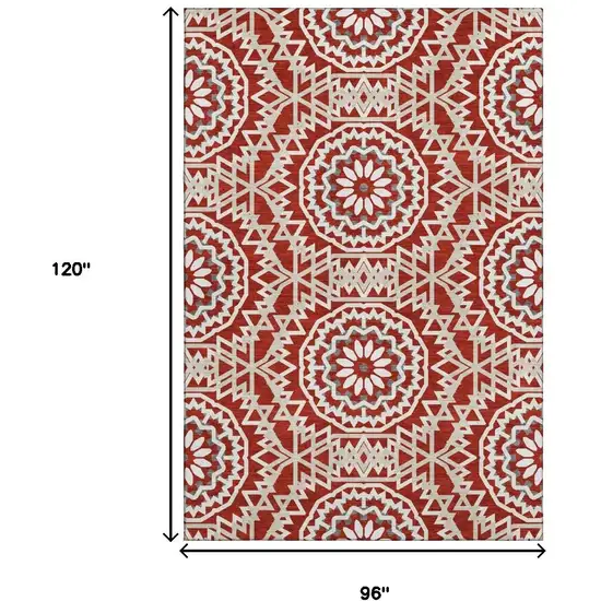 Red And Ivory Geometric Washable Area Rug With UV Protection Photo 9