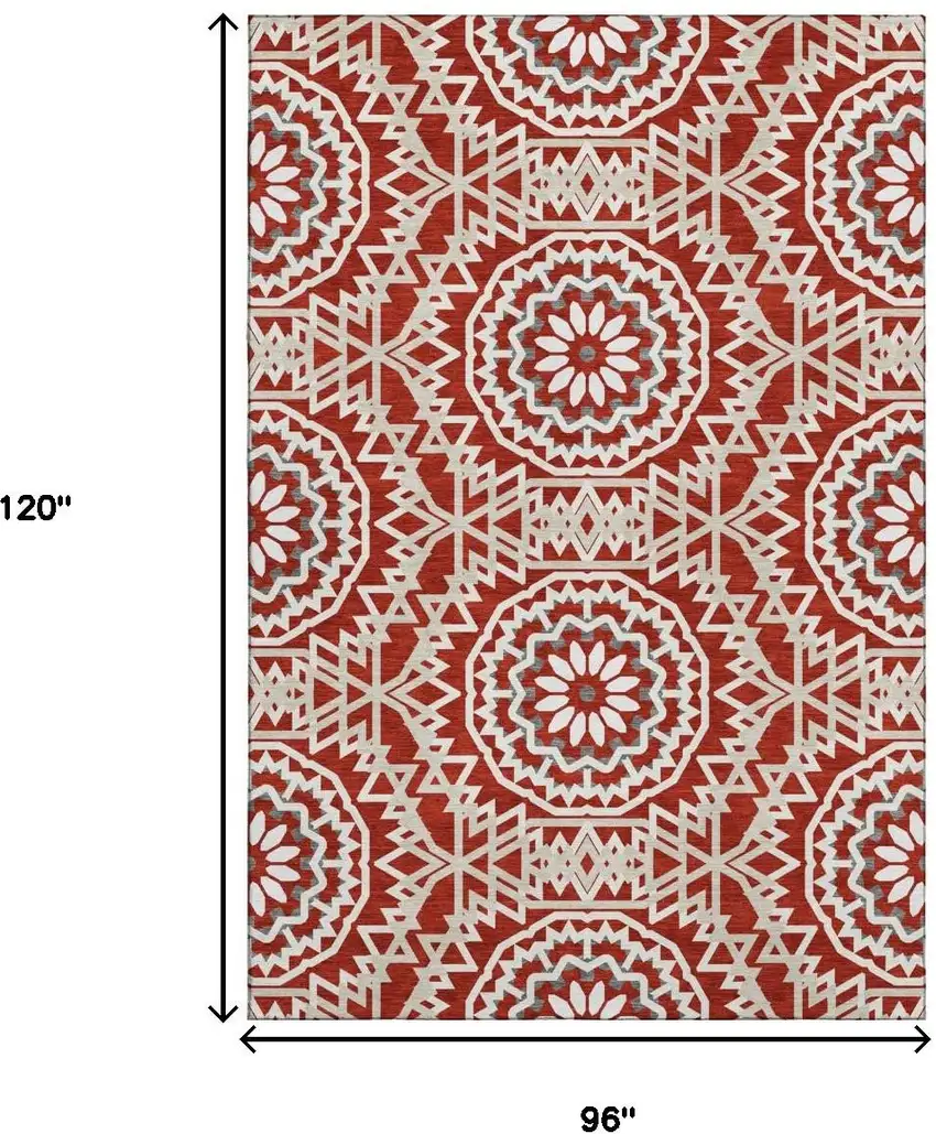 Red And Ivory Geometric Washable Area Rug With UV Protection Photo 9