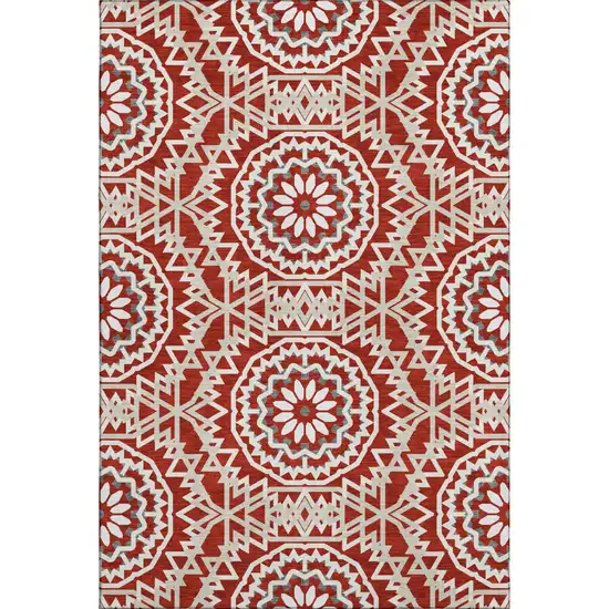 Red And Ivory Geometric Washable Area Rug With UV Protection Photo 1