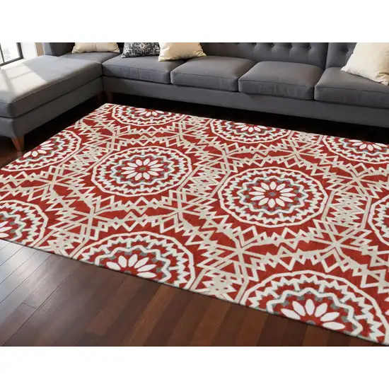 Red And Ivory Geometric Washable Area Rug With UV Protection Photo 2