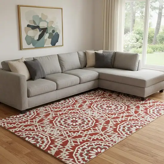 Red And Ivory Geometric Washable Area Rug With UV Protection Photo 1