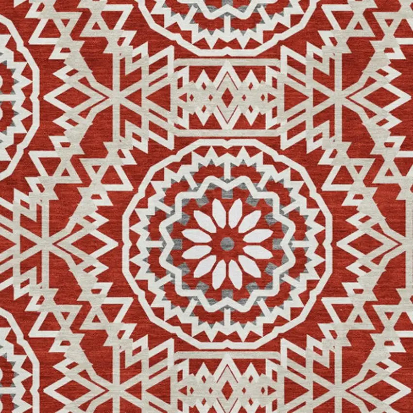 Red And Ivory Geometric Washable Area Rug With UV Protection Photo 8