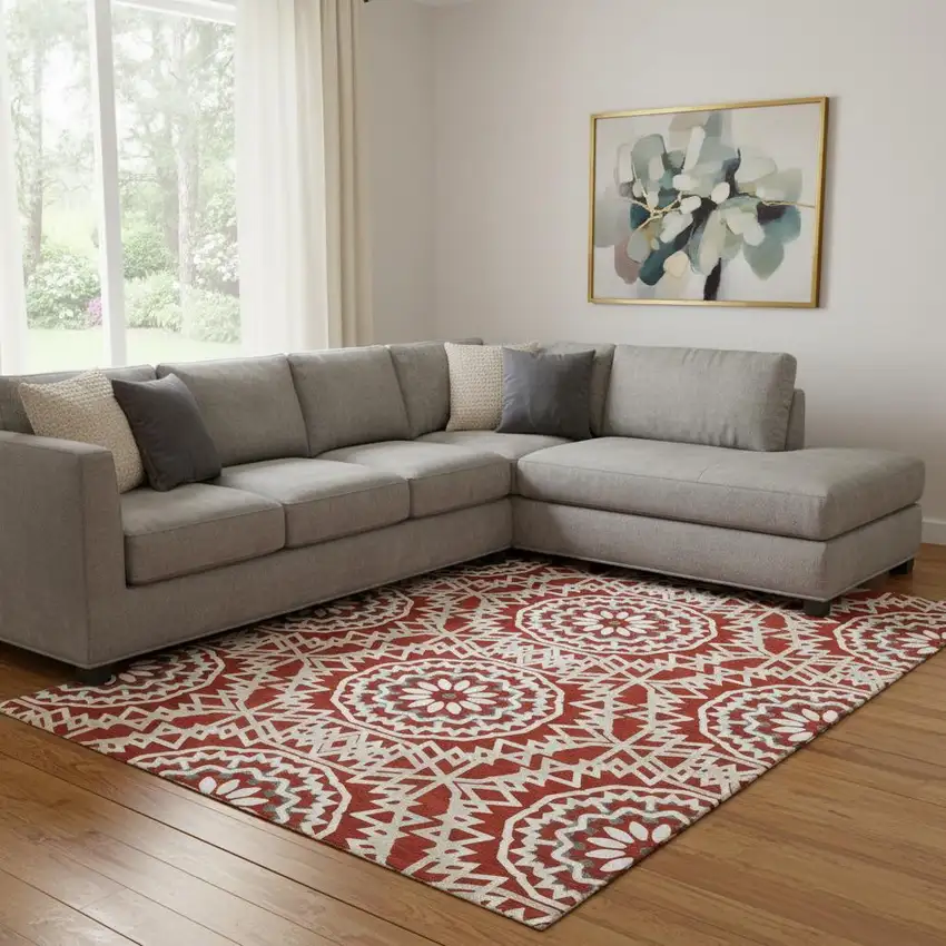 Red And Ivory Geometric Washable Area Rug With UV Protection Photo 1