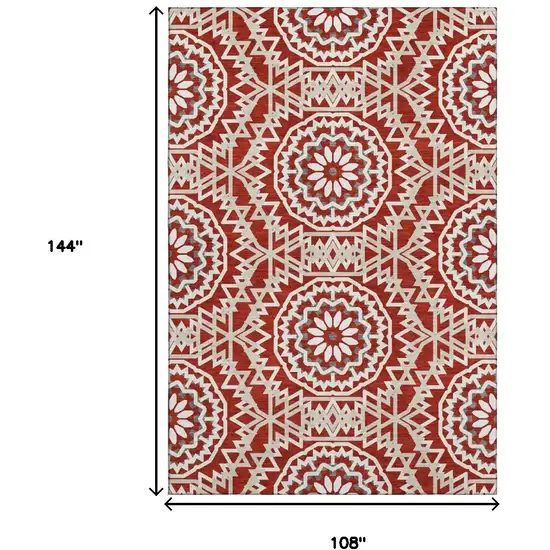 Red And Ivory Geometric Washable Area Rug With UV Protection Photo 3