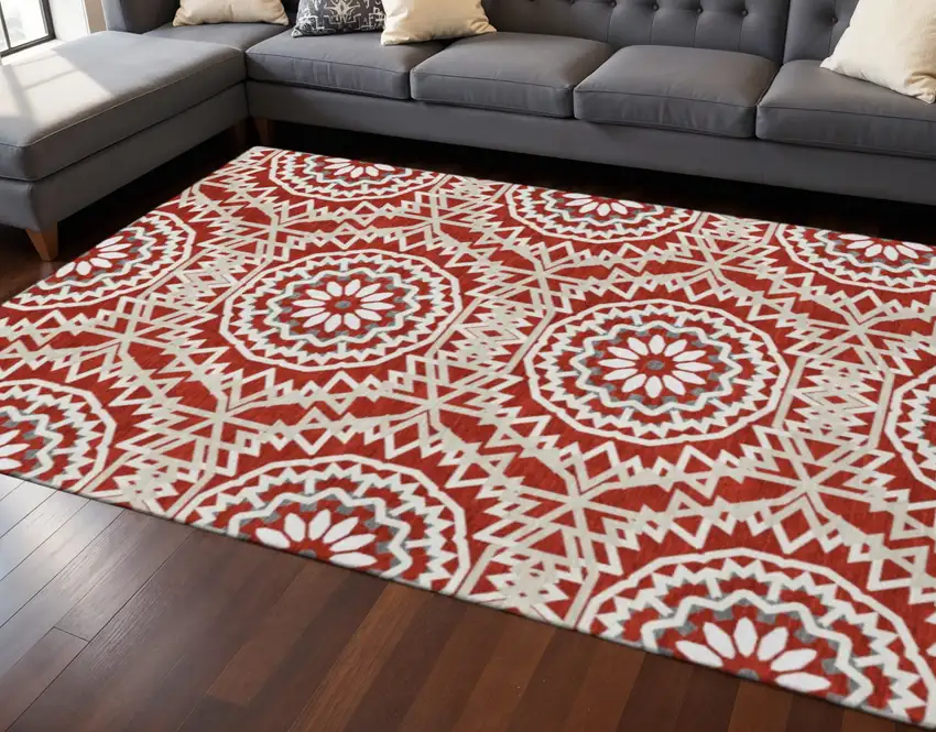 Red And Ivory Geometric Washable Area Rug With UV Protection Photo 2