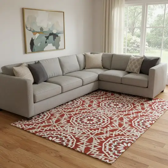 Red And Ivory Geometric Washable Area Rug With UV Protection Photo 1