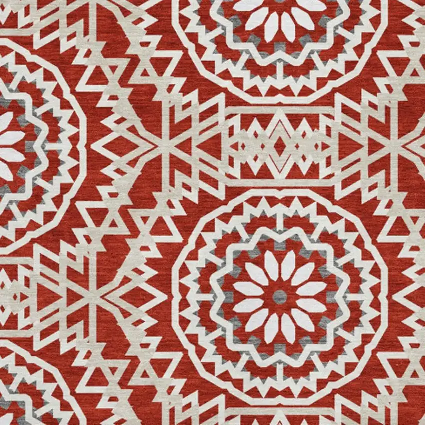 Red And Ivory Geometric Washable Area Rug With UV Protection Photo 4