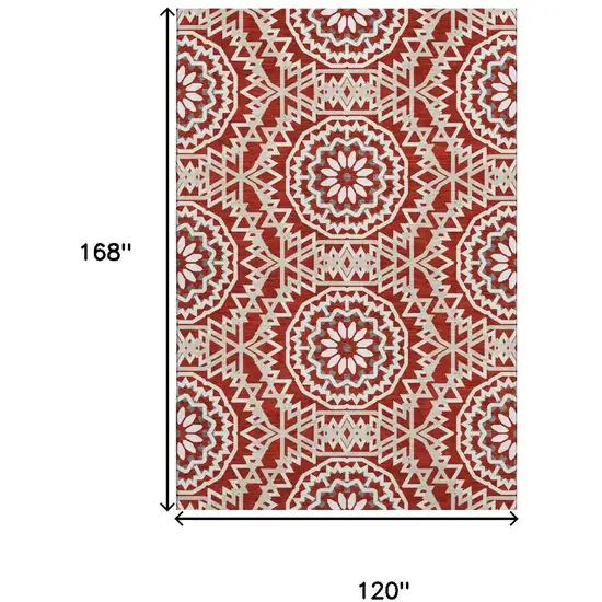 Red And Ivory Geometric Washable Area Rug With UV Protection Photo 3