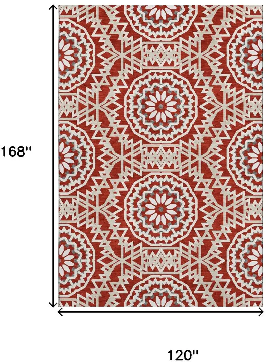 Red And Ivory Geometric Washable Area Rug With UV Protection Photo 3