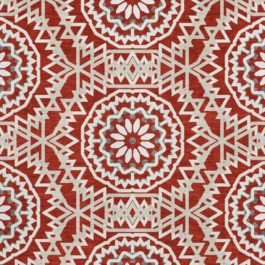 Red And Ivory Geometric Washable Area Rug With UV Protection Photo 5