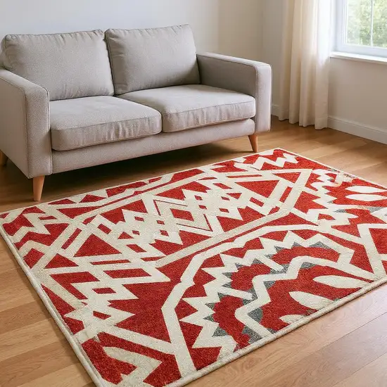 Red And Ivory Geometric Washable Area Rug With UV Protection Photo 2