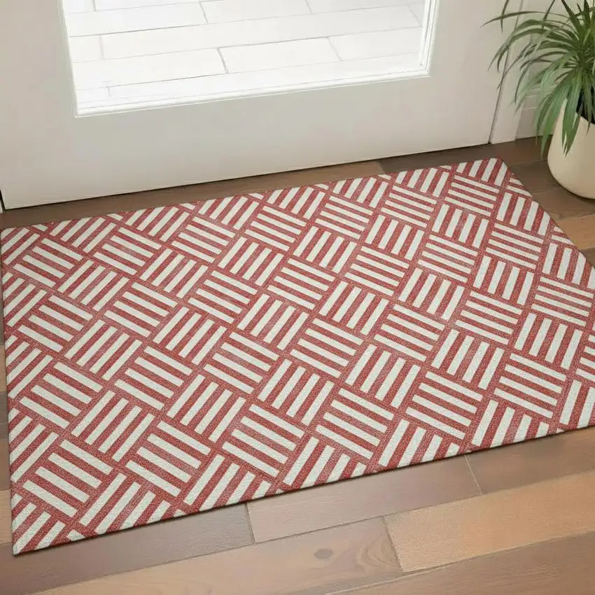 Red And Ivory Geometric Washable Area Rug With UV Protection Photo 1