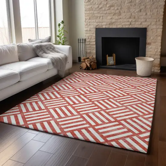 Red And Ivory Geometric Washable Area Rug With UV Protection Photo 3