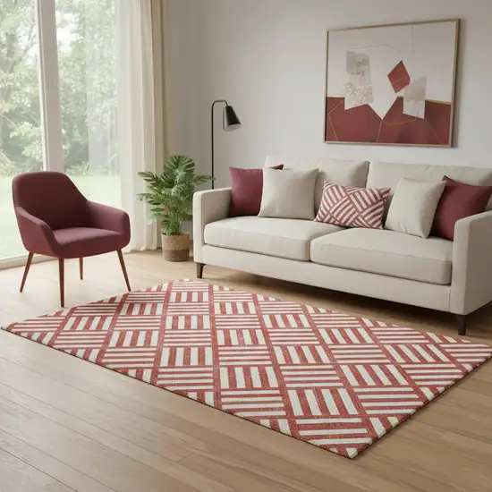 Red And Ivory Geometric Washable Area Rug With UV Protection Photo 1