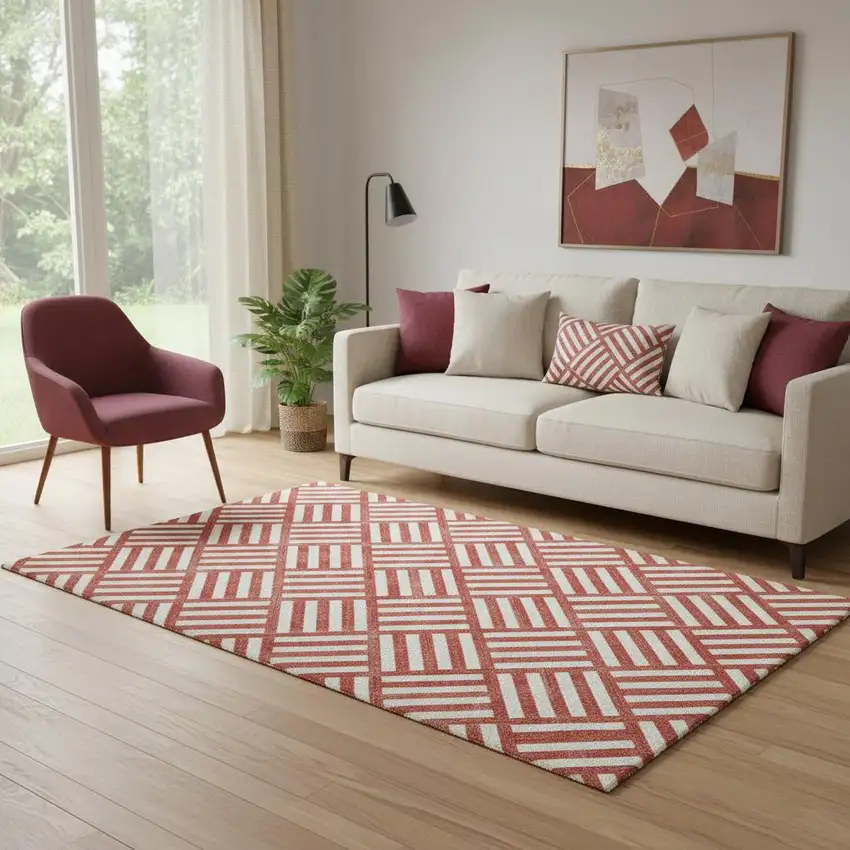 Red And Ivory Geometric Washable Area Rug With UV Protection Photo 1