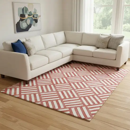 Red And Ivory Geometric Washable Area Rug With UV Protection Photo 1