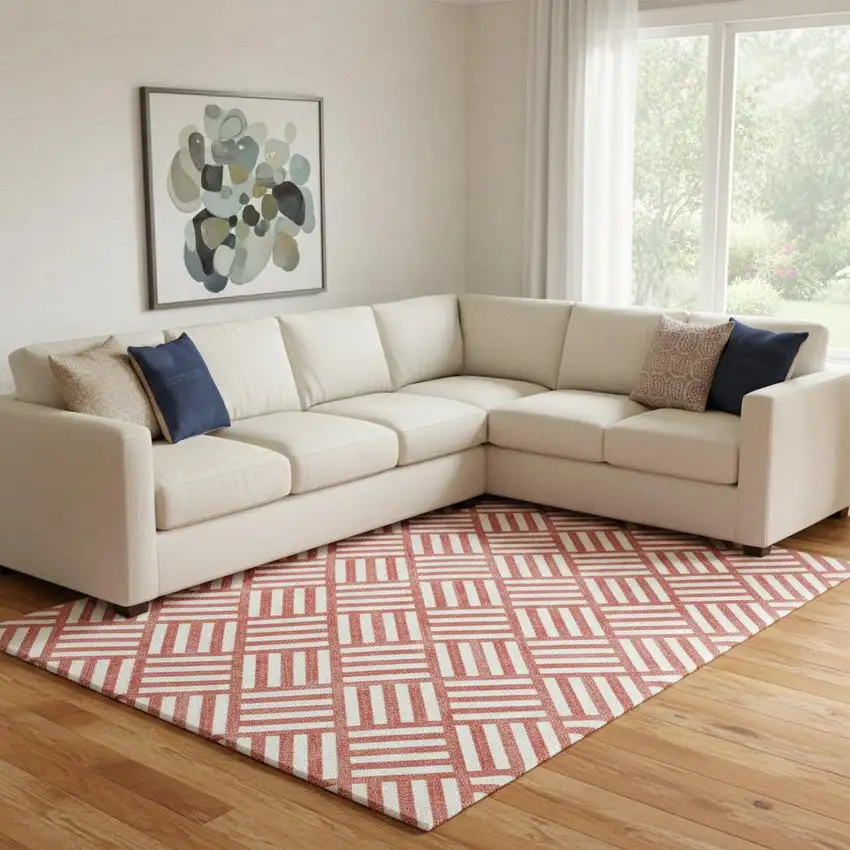 Red And Ivory Geometric Washable Area Rug With UV Protection Photo 1