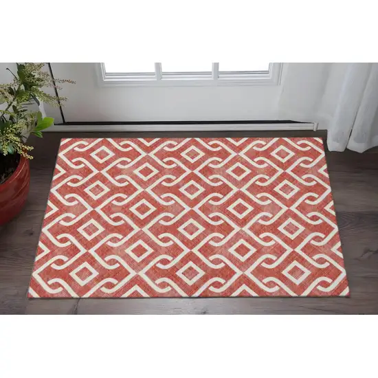 Red And Ivory Geometric Washable Area Rug With UV Protection Photo 2