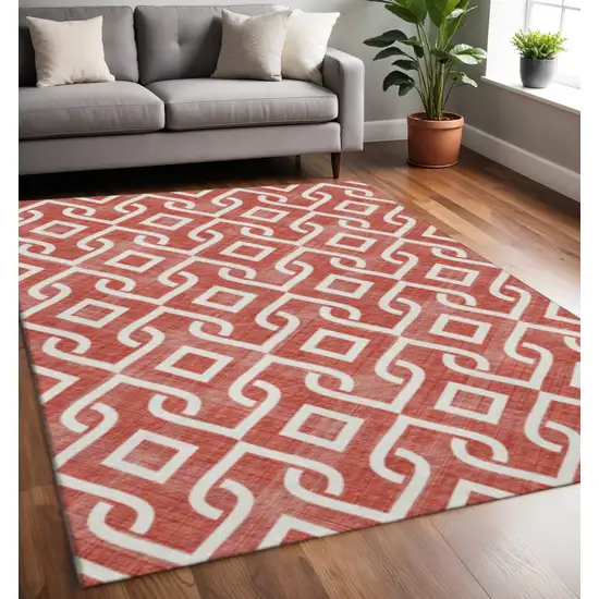 Red And Ivory Geometric Washable Area Rug With UV Protection Photo 2