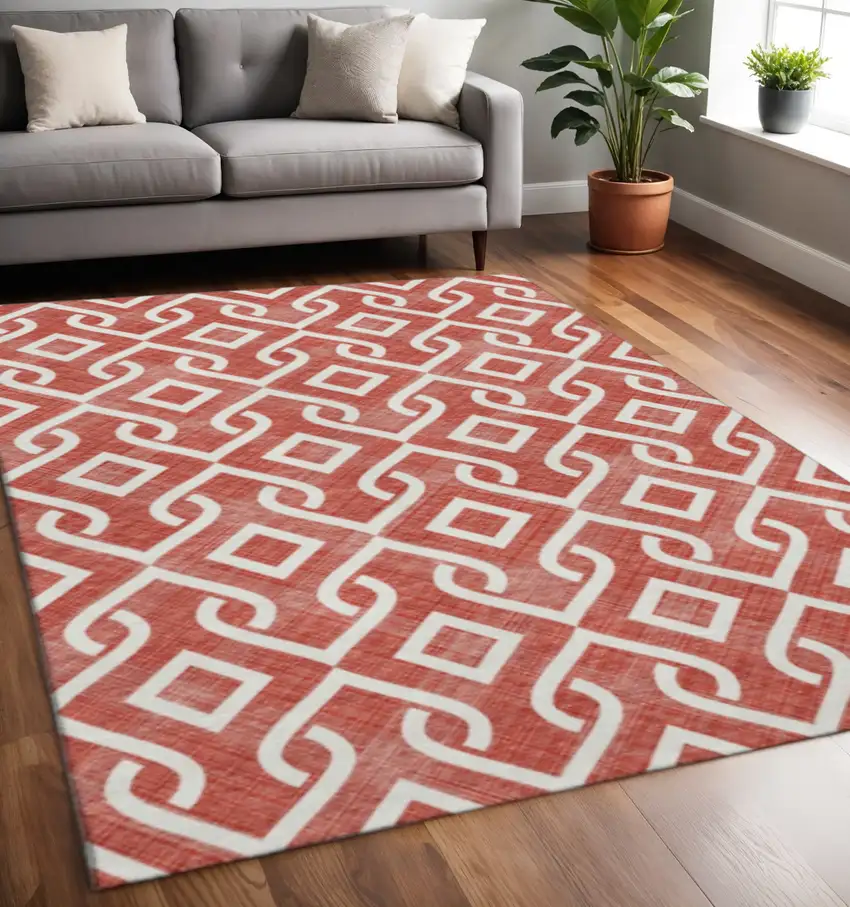 Red And Ivory Geometric Washable Area Rug With UV Protection Photo 2