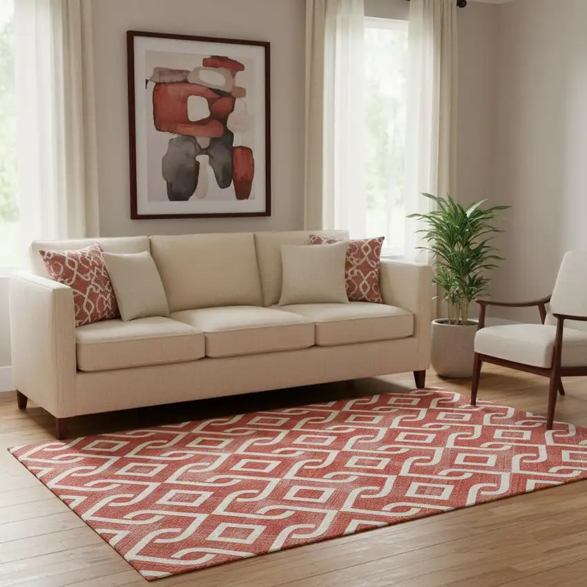 Red And Ivory Geometric Washable Area Rug With UV Protection Photo 1
