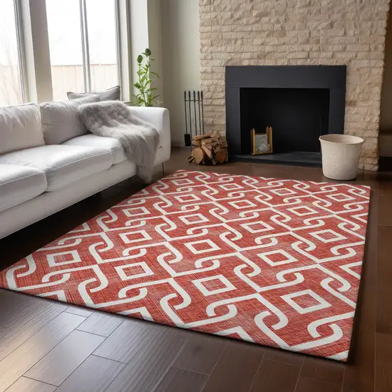Red And Ivory Geometric Washable Area Rug With UV Protection Photo 4