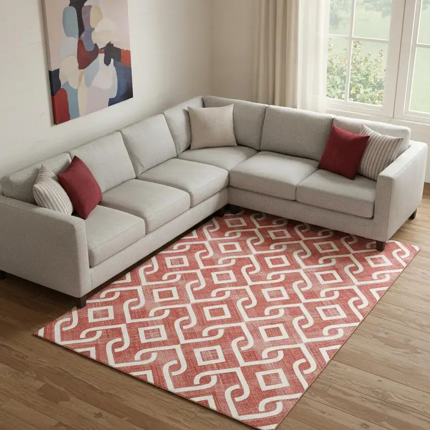 Red And Ivory Geometric Washable Area Rug With UV Protection Photo 1