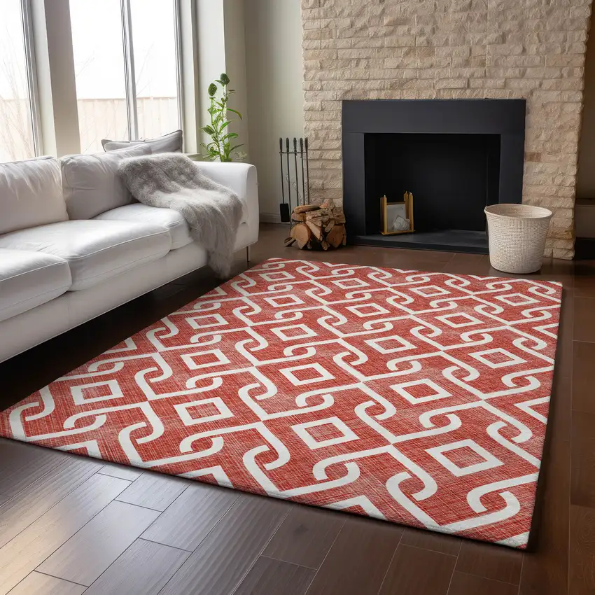 Red And Ivory Geometric Washable Area Rug With UV Protection Photo 4