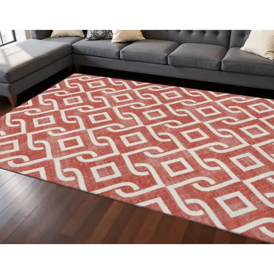 Red And Ivory Geometric Washable Area Rug With UV Protection Photo 2