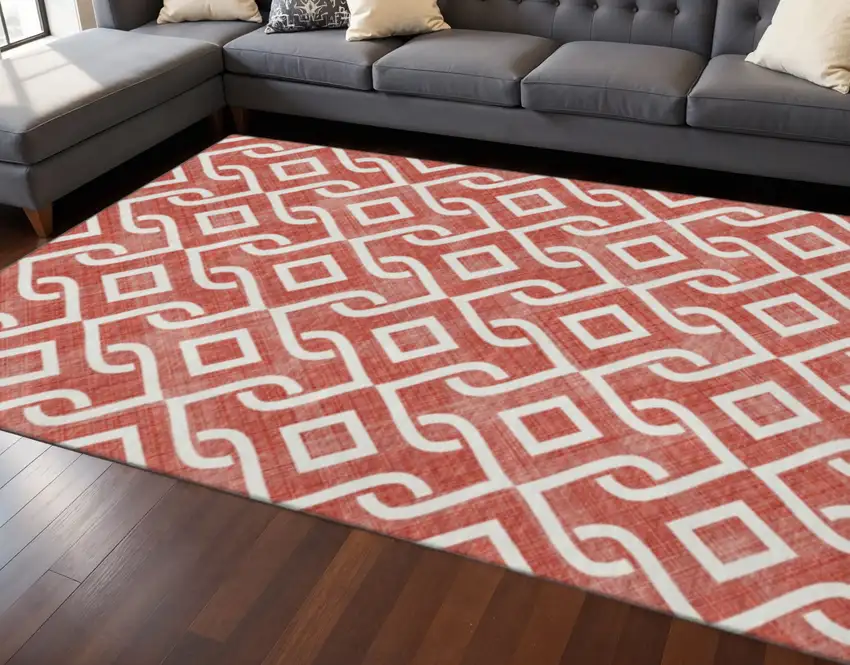 Red And Ivory Geometric Washable Area Rug With UV Protection Photo 2