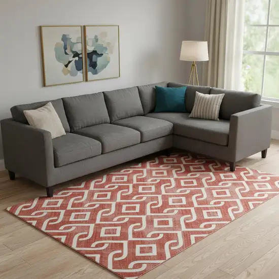 Red And Ivory Geometric Washable Area Rug With UV Protection Photo 1