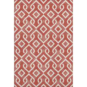 Photo of Red And Ivory Geometric Washable Area Rug With UV Protection