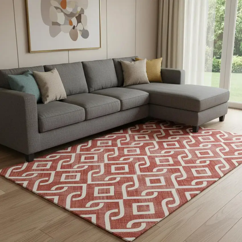 Red And Ivory Geometric Washable Area Rug With UV Protection Photo 1